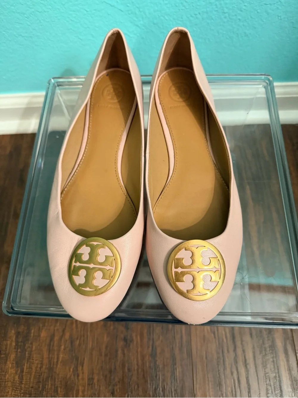 Tory Burch Blush Leather Logo Round-Toe Flats